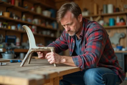 Homme concentré appliquant de la colle epoxy sur une chaise en bois