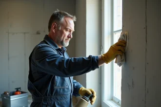 Ouvrier en fin de chantier retirant de la colle sur un cadre PVC blanc avec un chiffon imbibé de solvant