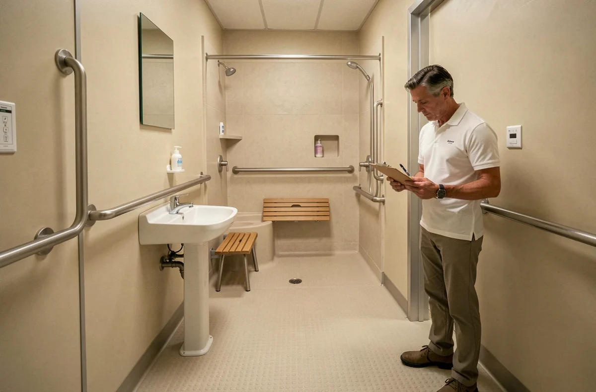 Salle de bain PMR adaptée avec douche accessible, barres d'appui et espace de circulation pour personnes à mobilité réduite dans le Nord