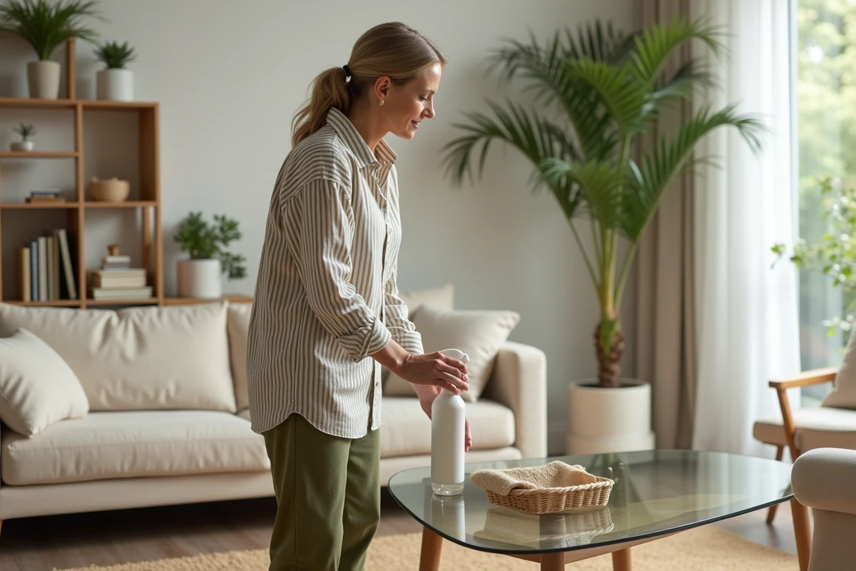 Femme essuyant une table basse en verre dans un salon minimaliste avec un seul produit ménager multifonction