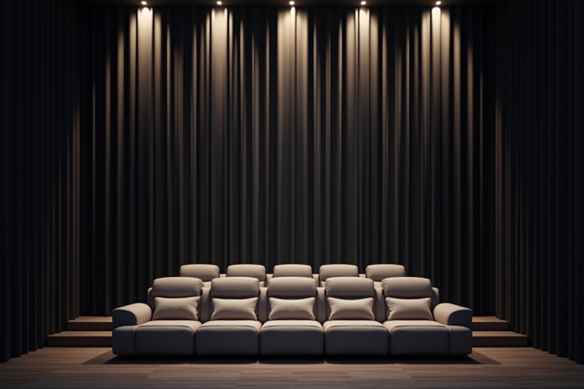Salle de cinema maison moderne avec rideaux occultants