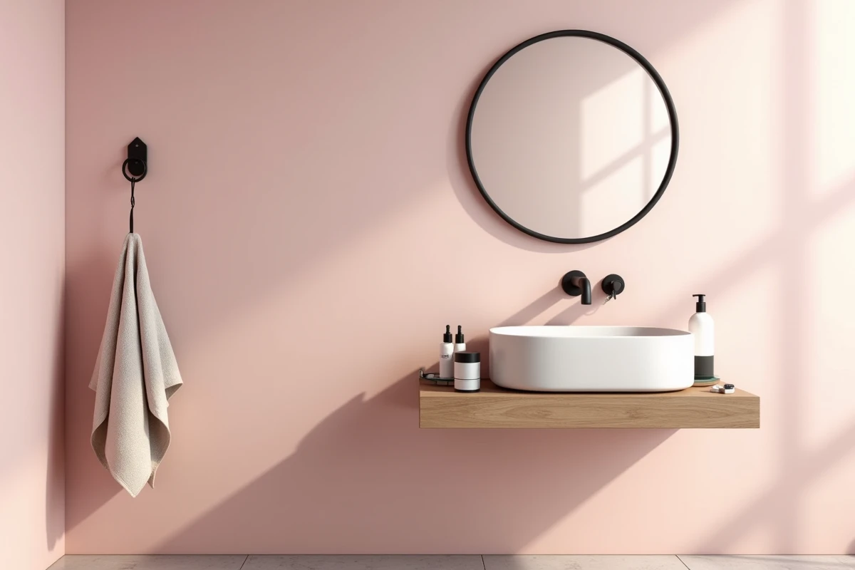 Salle de bain avec mur peint en rose pastel pâle et meuble vasque en noyer avec robinetterie noire mate