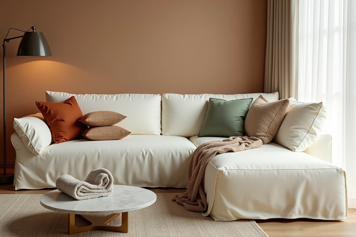 Salon cosy avec un canapé méridienne entièrement recouvert d'une housse blanche crème et décoré de coussins colorés