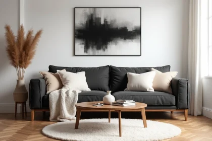 Salon noir et blanc chaleureux avec canapé en lin anthracite, coussins ivoire et parquet en chêne clair