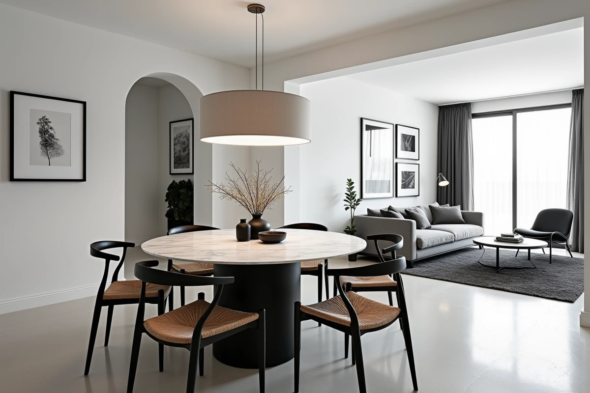 Espace ouvert salon salle à manger décoré en noir et blanc avec table en marbre et galerie de cadres