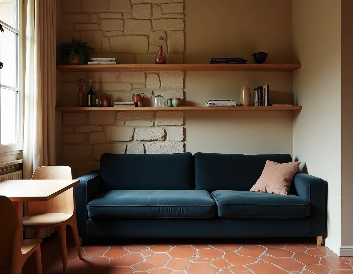 Salle à manger et salon combinés dans une petite maison de ville française avec séparation visuelle