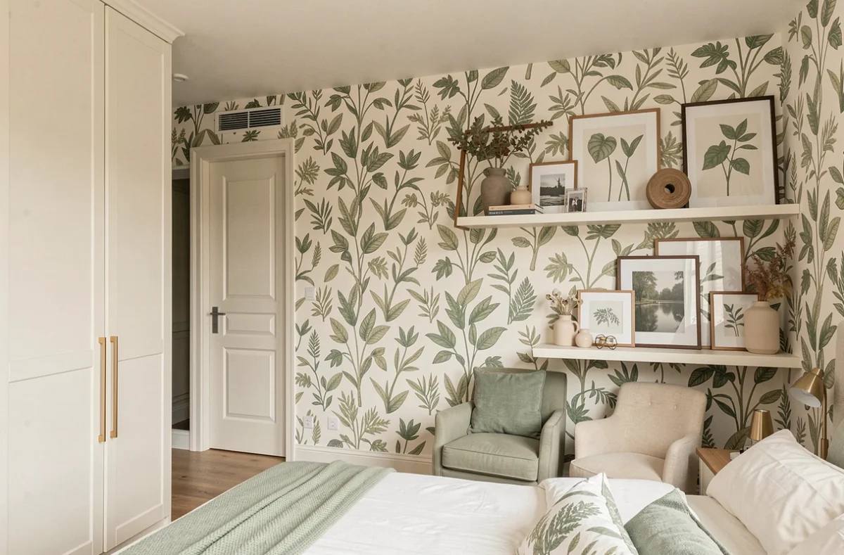 Intérieur décoré par Sarl Coquille dans le Maine-et-Loire avec dressing sur mesure, papier peint botanique et décoration coordonnée