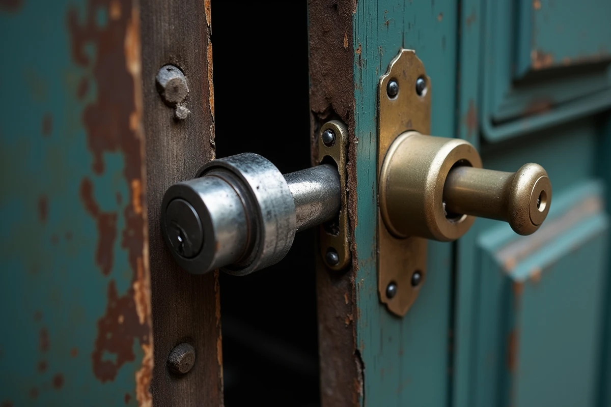 Gros plan sur une serrure de porte parisienne forcée et endommagée suite à un cambriolage