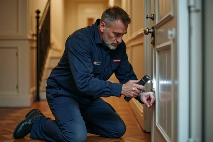 Serrurier professionnel examinant une serrure forcée sur une porte d'appartement parisien après un cambriolage