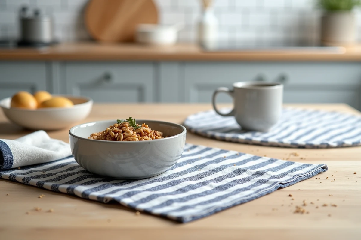 Sets de table en coton enduit rayé marine et blanc avec bol en grès et tasse à café sur table en chêne clair