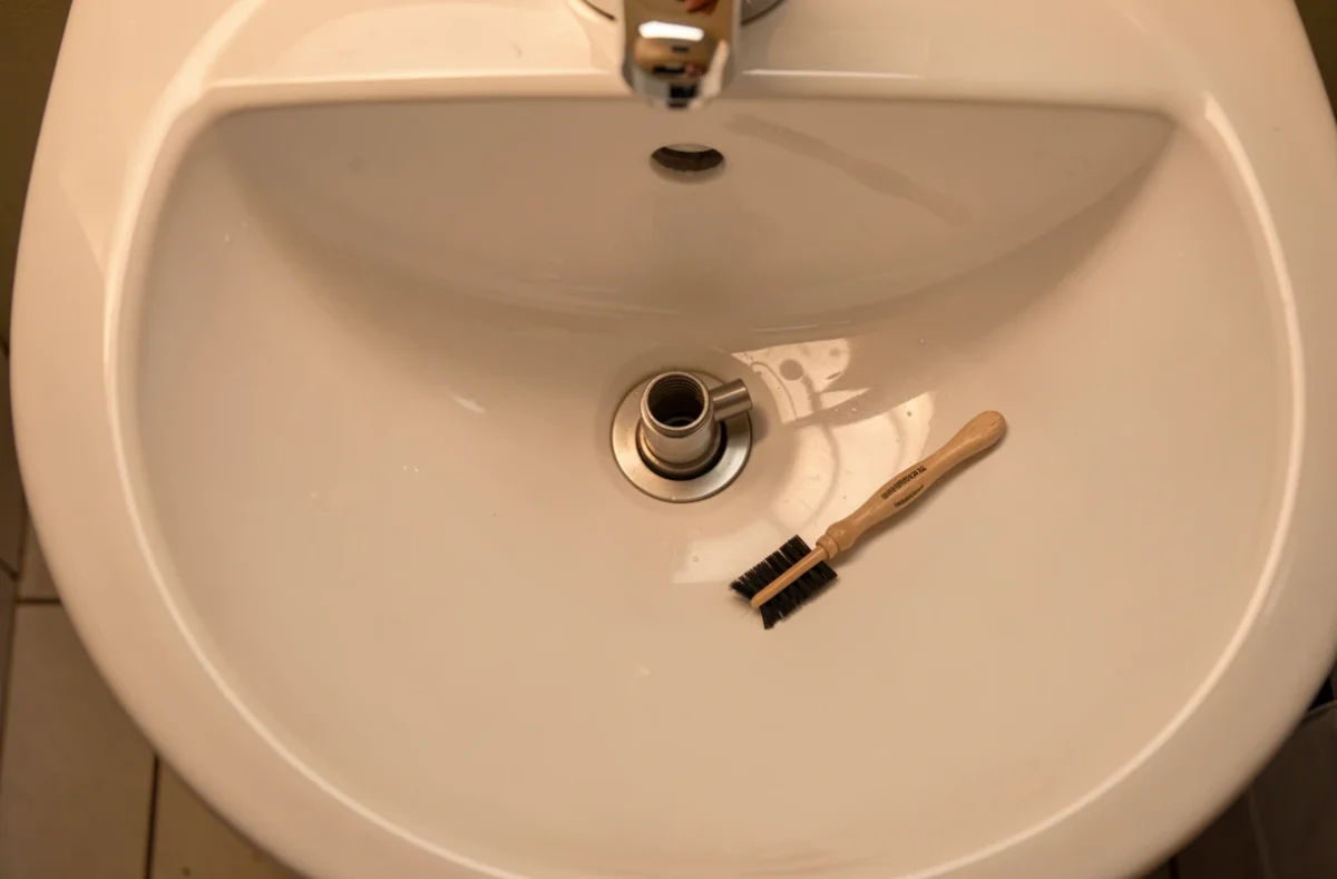 Siphon de lavabo démonté et brosse de nettoyage dans une salle de bain