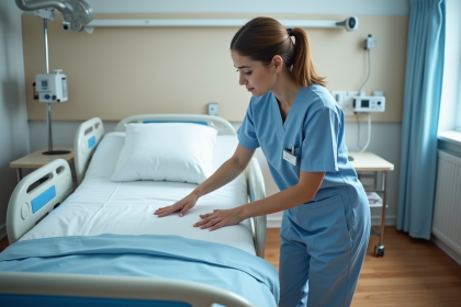 Infirmière en blouse bleue ajuste un lit d'hôpital moderne