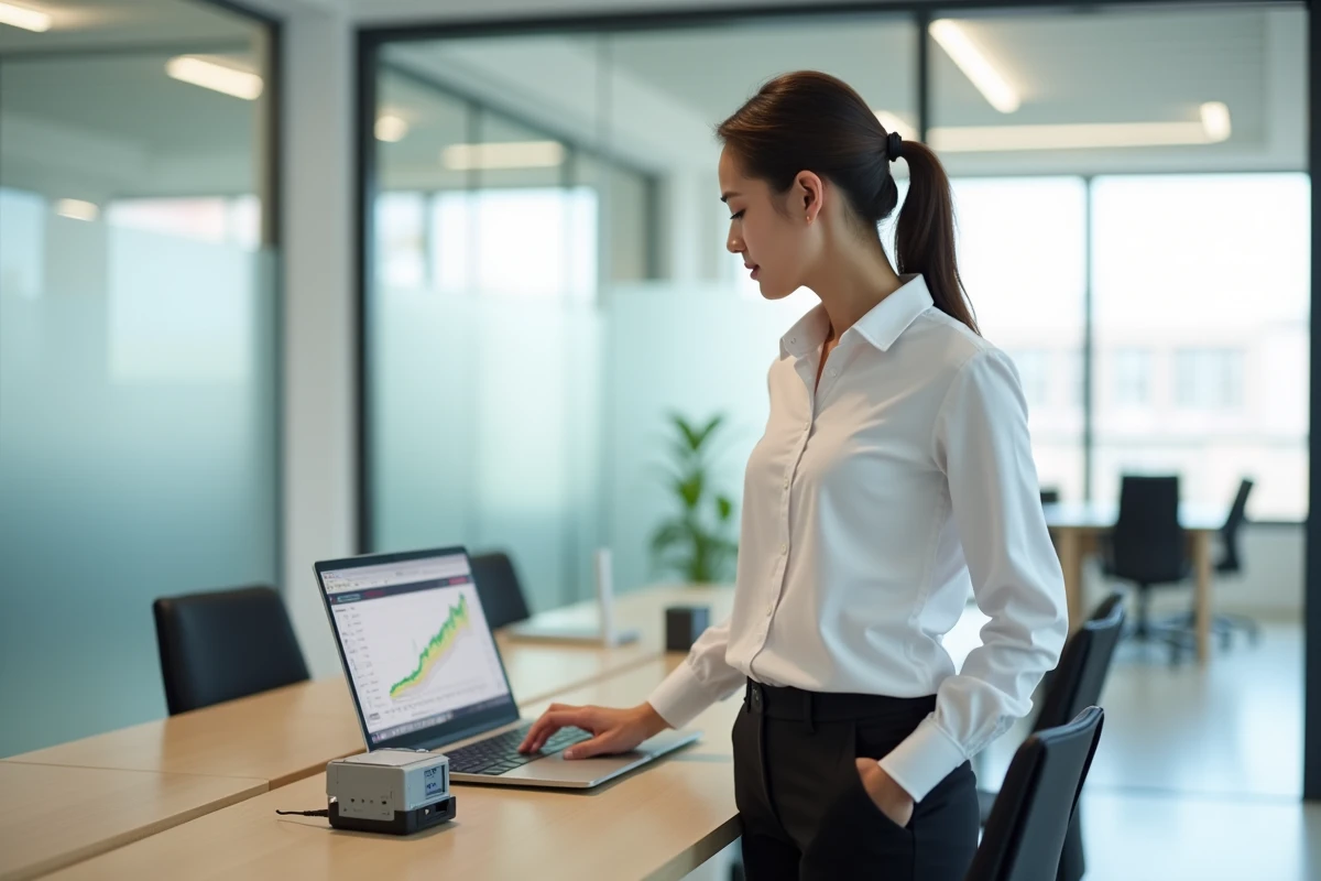 Professionnelle analysant les données d'un sous-compteur électrique dans un bureau