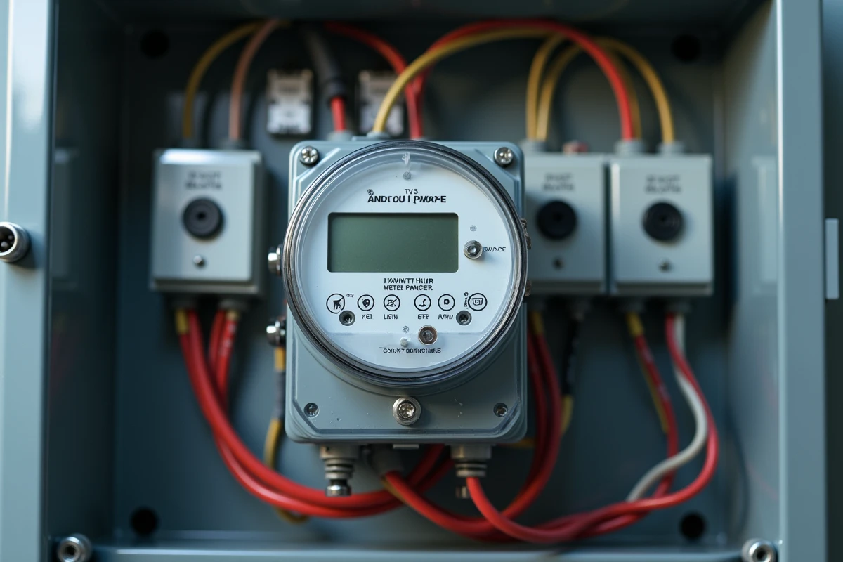 Gros plan sur un sous-compteur triphasé installé dans une armoire électrique de local commercial