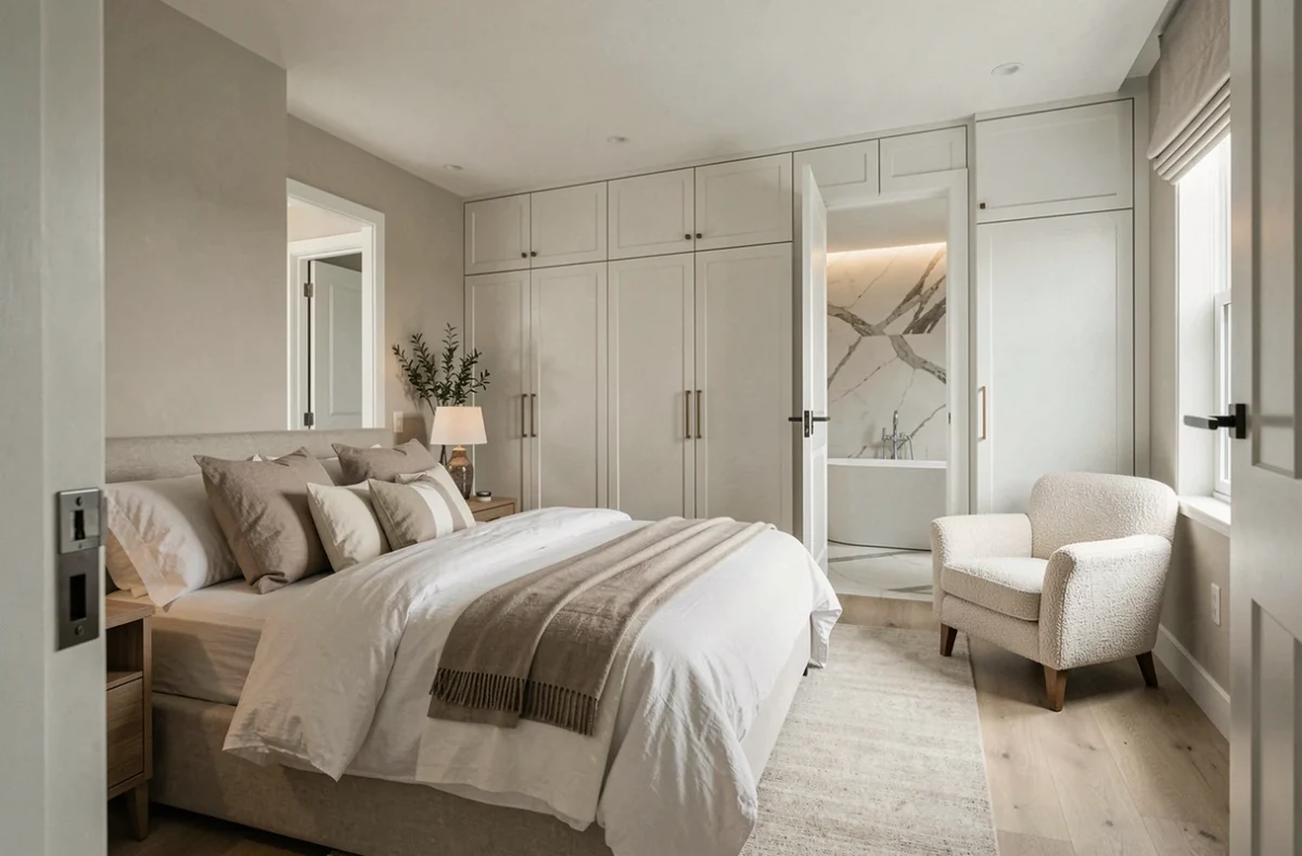 Suite parentale spacieuse avec salle de bain attenante et dressing intégré dans une maison 4 chambres moderne