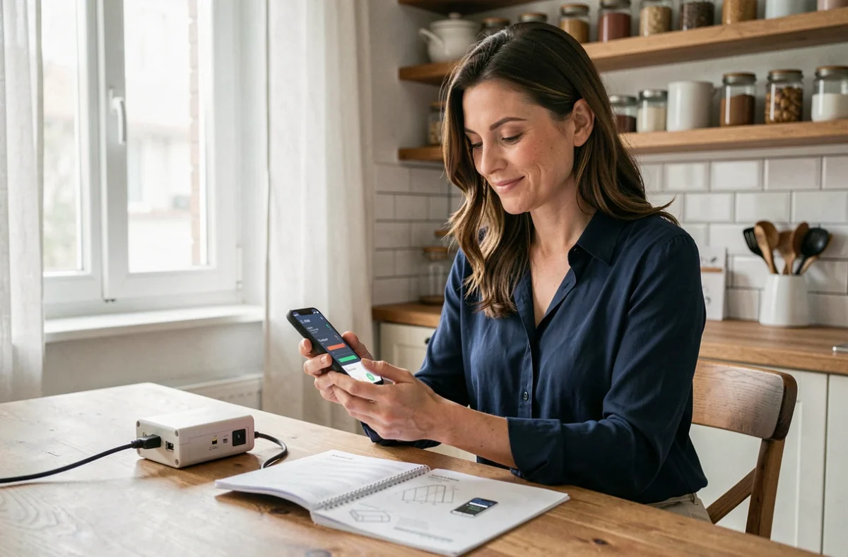 Femme consultant une application de suivi d'énergie solaire sur smartphone à côté d'un micro-onduleur plug and play dans une cuisine moderne