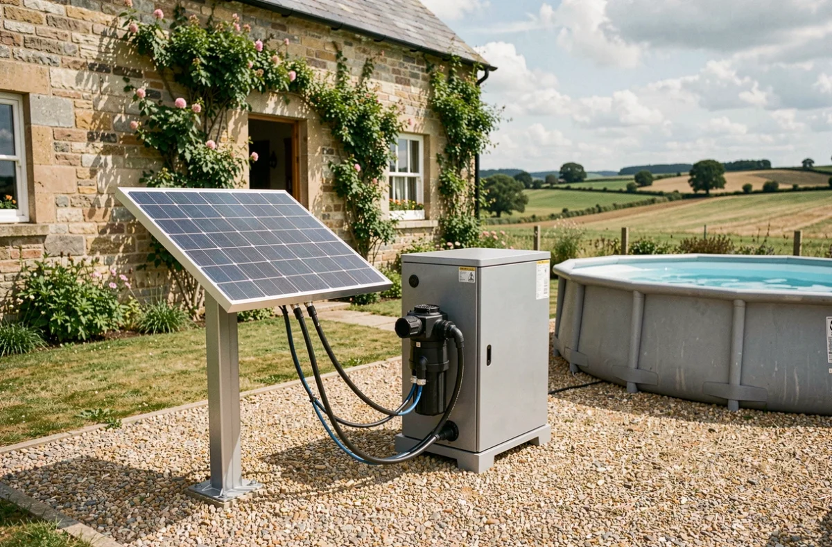Système complet de panneau solaire connecté à une pompe de filtration de piscine hors-sol en jardin rural
