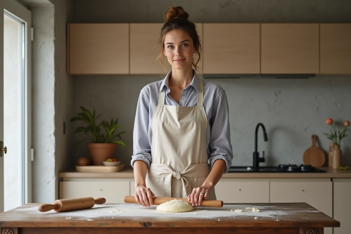 Femme utilisant une table ancienne en noyer comme plan de travail dans une cuisine scandinave contemporaine