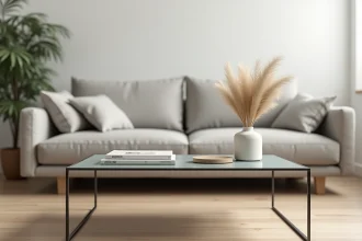 Table basse design en verre avec cadre métallique dans un salon scandinave contemporain aux tons neutres