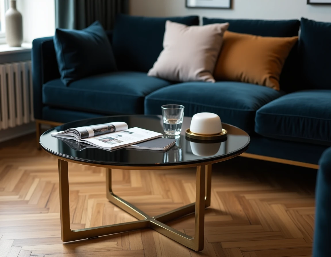 Table basse ronde en verre fumé avec pieds en laiton brossé dans un appartement parisien élégant
