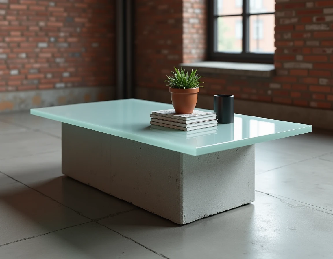 Table basse design en verre dépoli et béton brut dans un loft industriel avec mur en briques apparentes