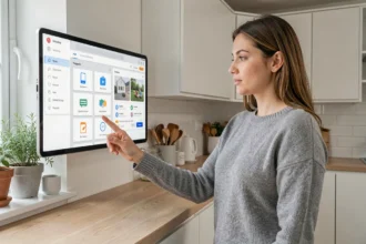 Femme utilisant un tableau de bord connecté pour maison intelligente sur une tablette murale dans une cuisine moderne