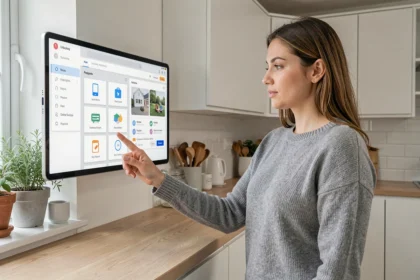Femme utilisant un tableau de bord connecté pour maison intelligente sur une tablette murale dans une cuisine moderne