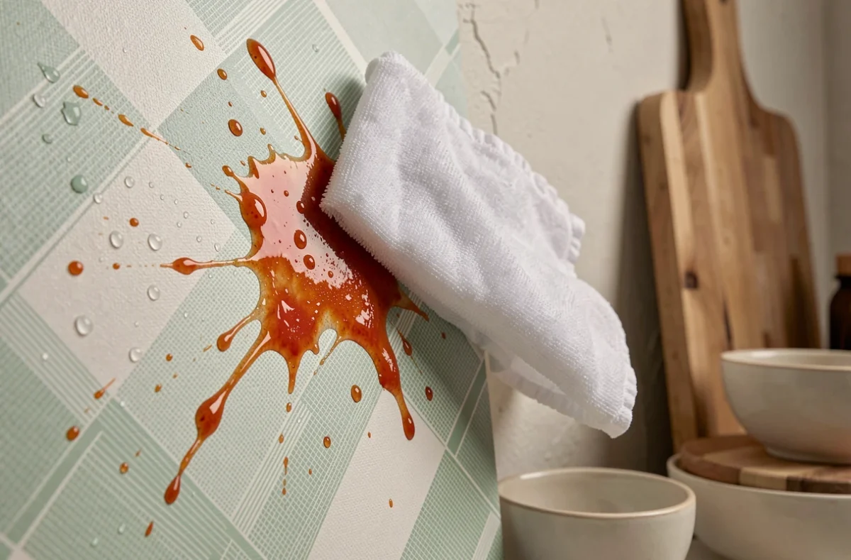 Détail d'une tapisserie lavable en cuisine résistant aux éclaboussures de sauce tomate essuyées avec un chiffon humide