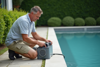 Homme en polo et cargo connectant fils électriques près de la piscine