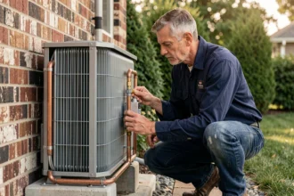 Technicien HVAC inspectant un échangeur de pompe à chaleur installé sur une façade en brique résidentielle