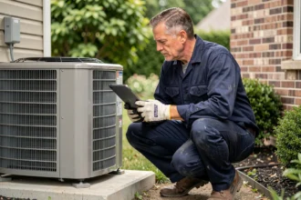 Technicien HVAC inspectant une pompe à chaleur air-air installée à l'extérieur d'une maison résidentielle