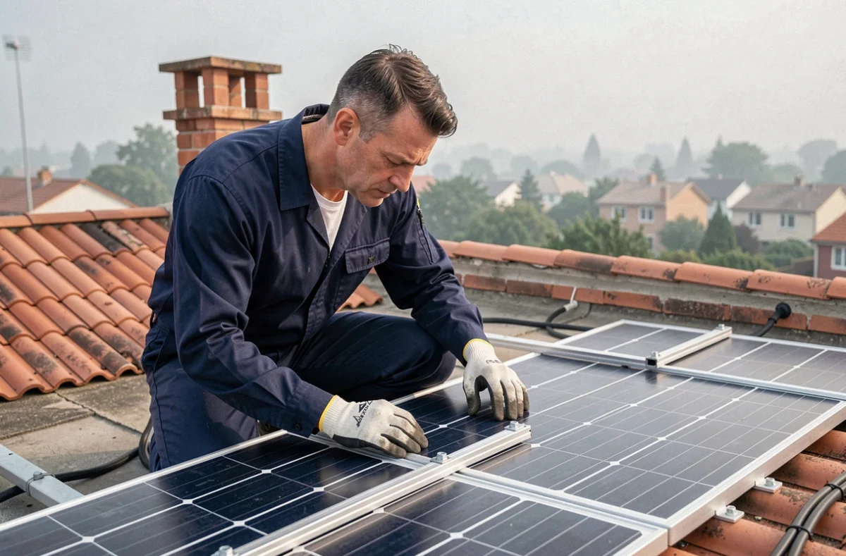 Technicien inspectant un panneau solaire 300W sur un toit en tuiles lors d'une installation résidentielle