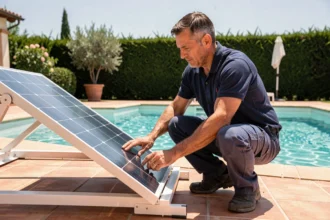 Technicien installant un panneau solaire pour pompe de piscine dans un jardin méditerranéen