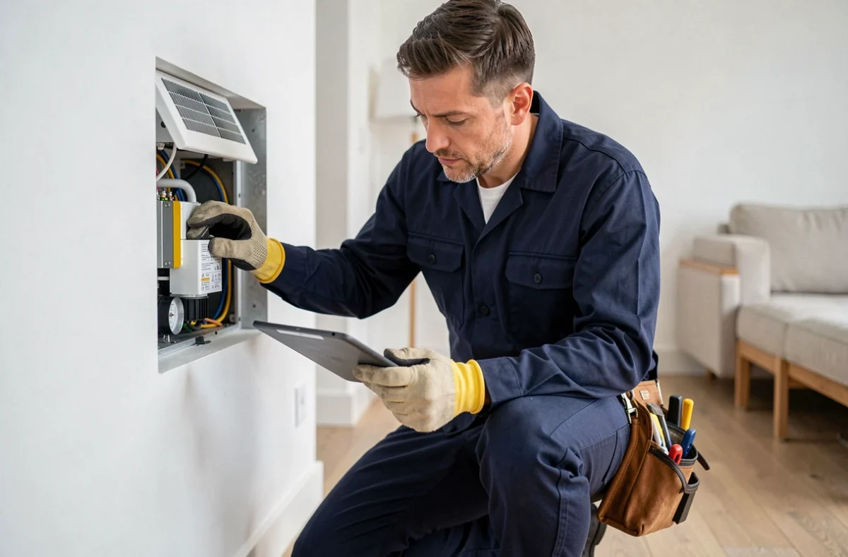 Technicien en train d'installer et vérifier une pompe à chaleur murale dans un salon moderne