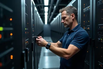 Technicien inspectant un rack de serveurs dans un centre de données pour protéger des équipements électroniques sensibles