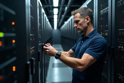 Technicien inspectant un rack de serveurs dans un centre de données pour protéger des équipements électroniques sensibles