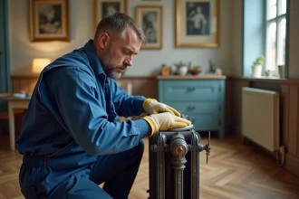 Technicien en overalls bleus ponçant un radiateur en fer