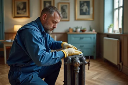 Technicien en overalls bleus ponçant un radiateur en fer