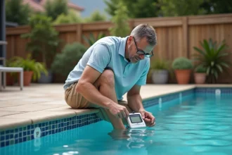 Homme d'âge moyen utilisant un testeur d'eau dans une piscine