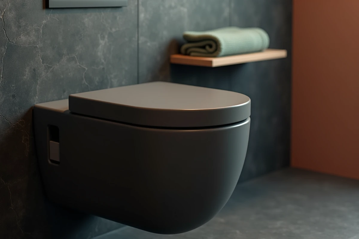 Gros plan sur une toilette suspendue en céramique anthracite brillante avec plaque de déclenchement en métal mat intégrée dans un mur en ardoise sombre