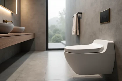 Toilette suspendue en céramique blanche mate avec plaque de déclenchement en laiton brossé dans une salle de bain minimaliste aux murs en grand carrelage gris pierre