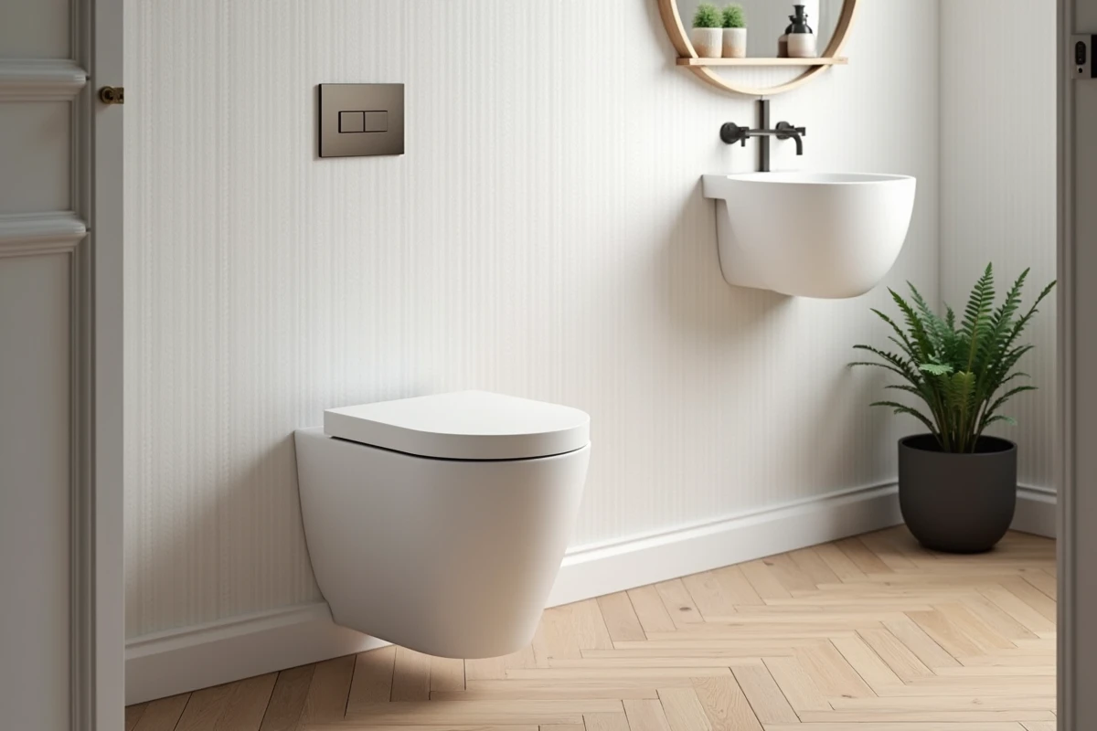 Toilette suspendue blanche dans des WC de style scandinave avec plaque en bois de frêne et carrelage zellige blanc artisanal, ambiance chaleureuse haut de gamme