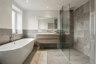 Salle de bain moderne rénovée dans le Nord avec baignoire îlot, douche à l'italienne et double vasque, ambiance contemporaine