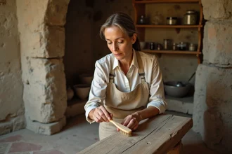 Femme appliquant un traitement naturel à base de cire d'abeille sur une poutre en chêne ancienne dans une cave rustique pour éliminer les mites du bois