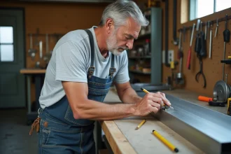 Bricoleur mesurant un tube rectangulaire en aluminium sur un établi en bois dans un atelier de bricolage organisé