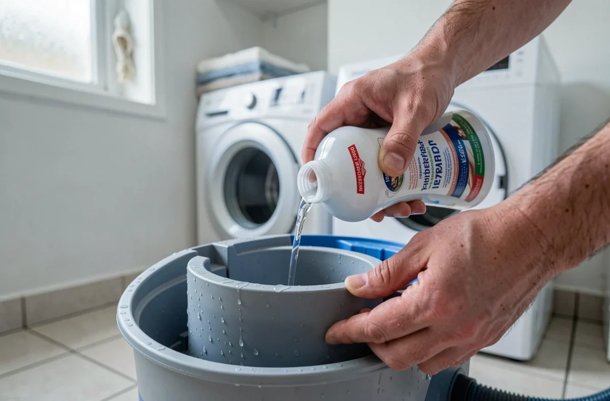 Gros plan de mains versant du liquide nettoyant dans le réservoir d'une shampouineuse sur carrelage