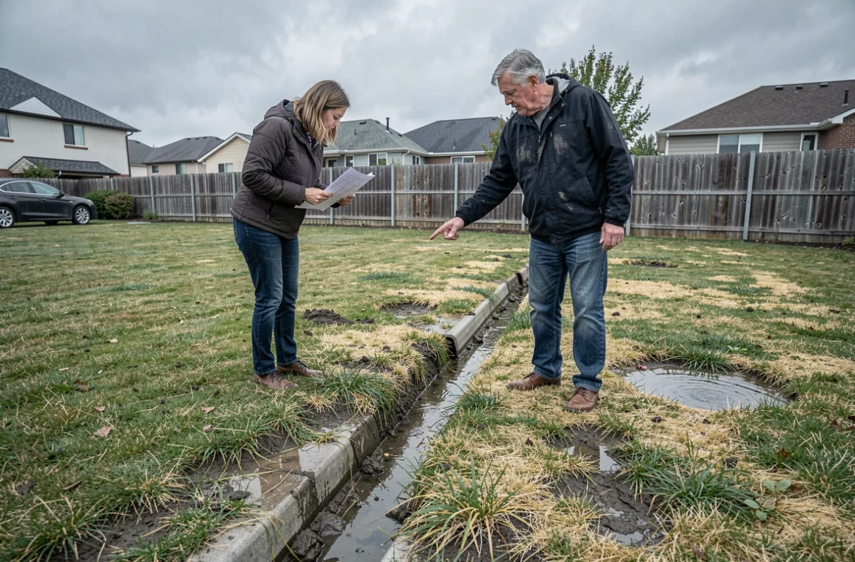 Deux voisins examinant un problème d'écoulement des eaux pluviales en limite de propriété avec un plan cadastral